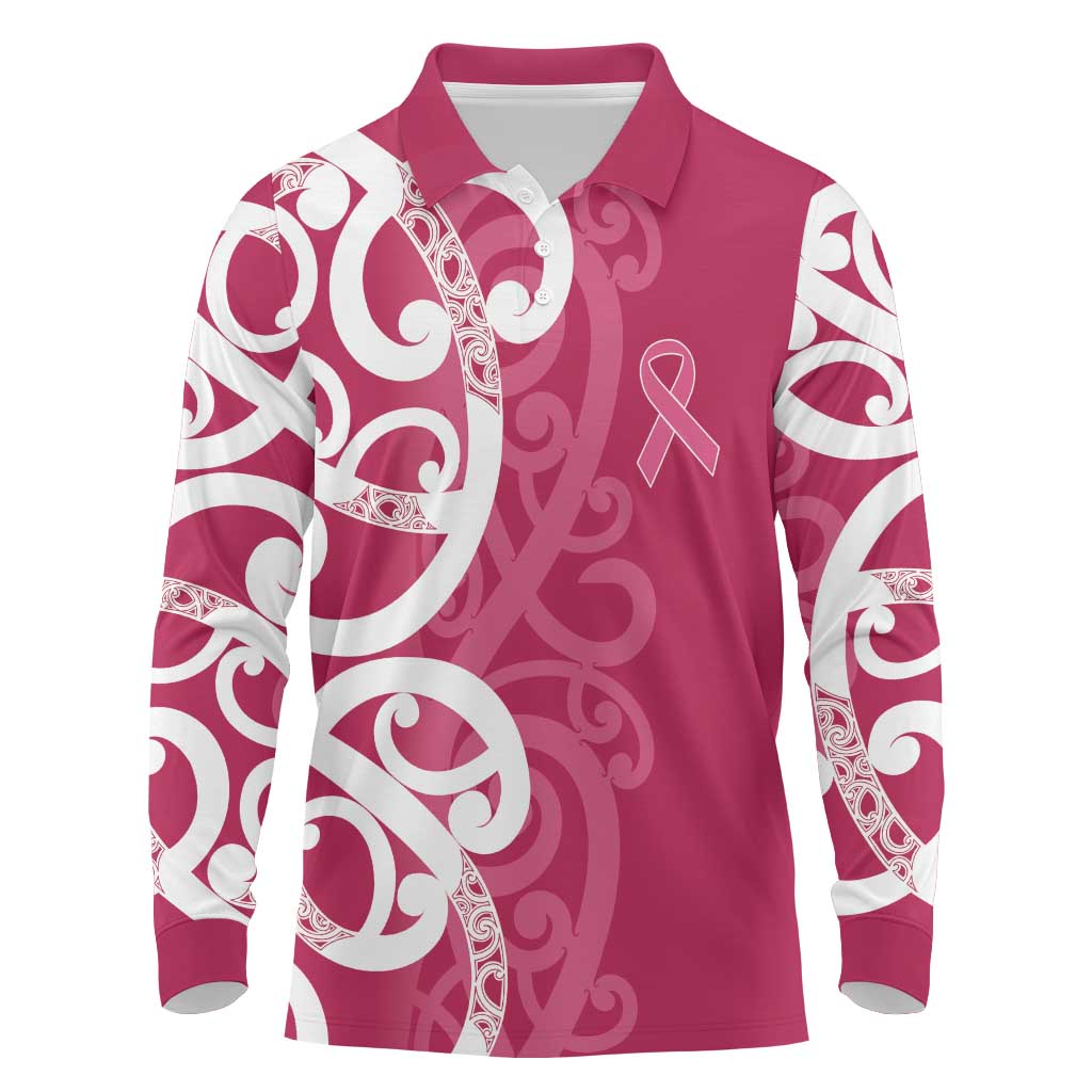 Breast Cancer Awareness Maori Long Sleeve Polo Shirt Koru Kowhaiwhai - Aussie Hoodie