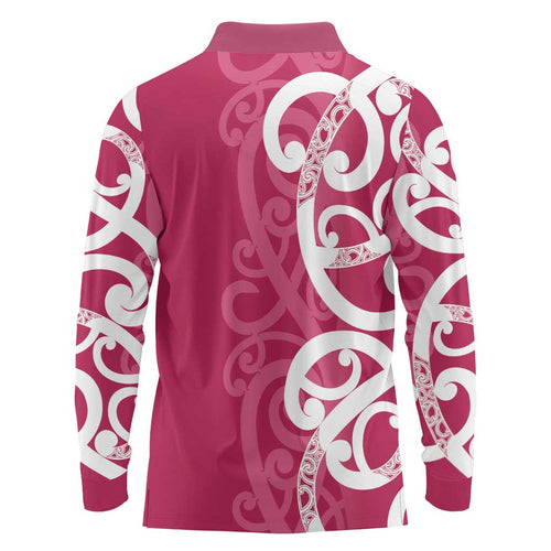 Breast Cancer Awareness Maori Long Sleeve Polo Shirt Koru Kowhaiwhai - Aussie Hoodie