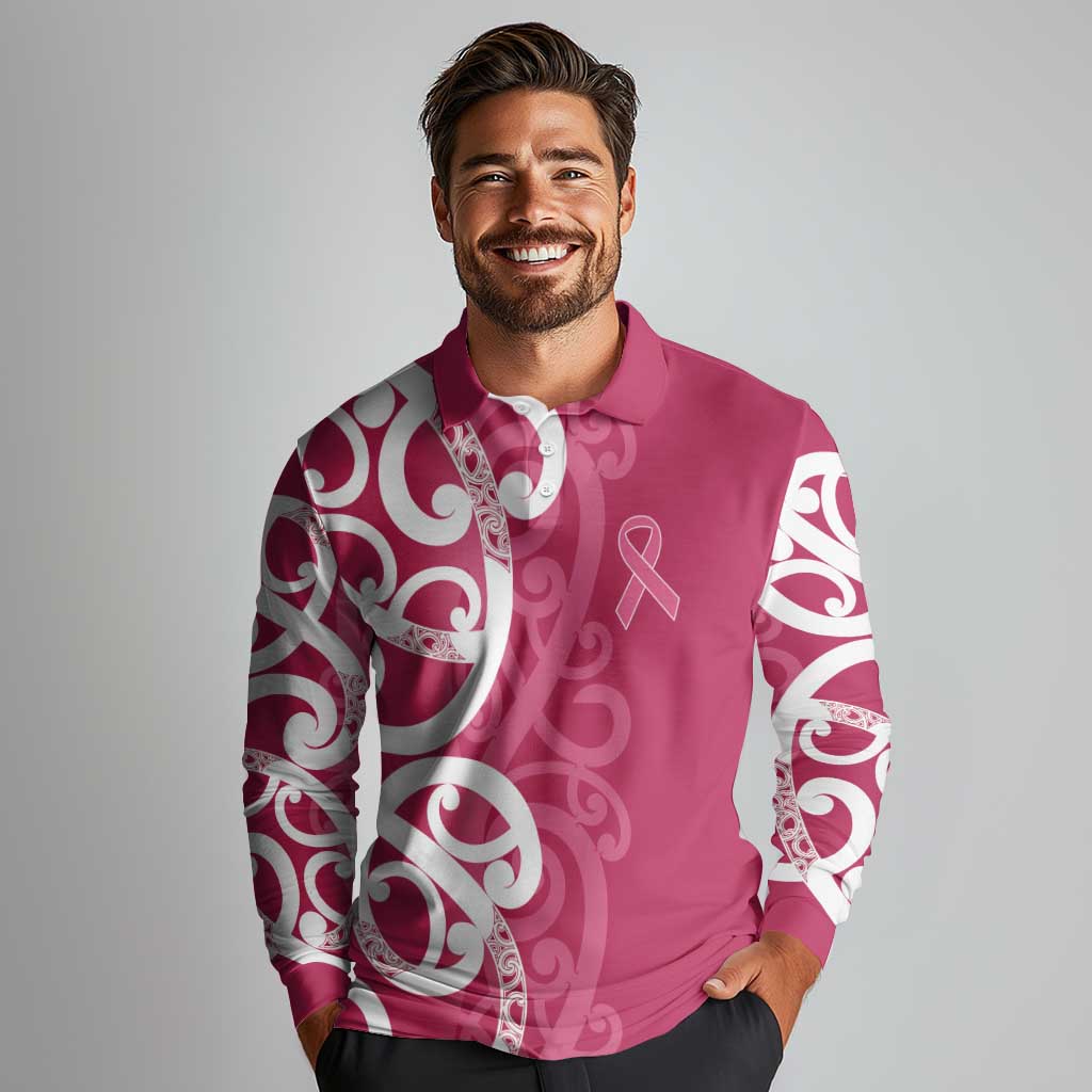 Breast Cancer Awareness Maori Long Sleeve Polo Shirt Koru Kowhaiwhai - Aussie Hoodie