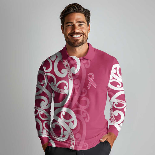 Breast Cancer Awareness Maori Long Sleeve Polo Shirt Koru Kowhaiwhai - Aussie Hoodie