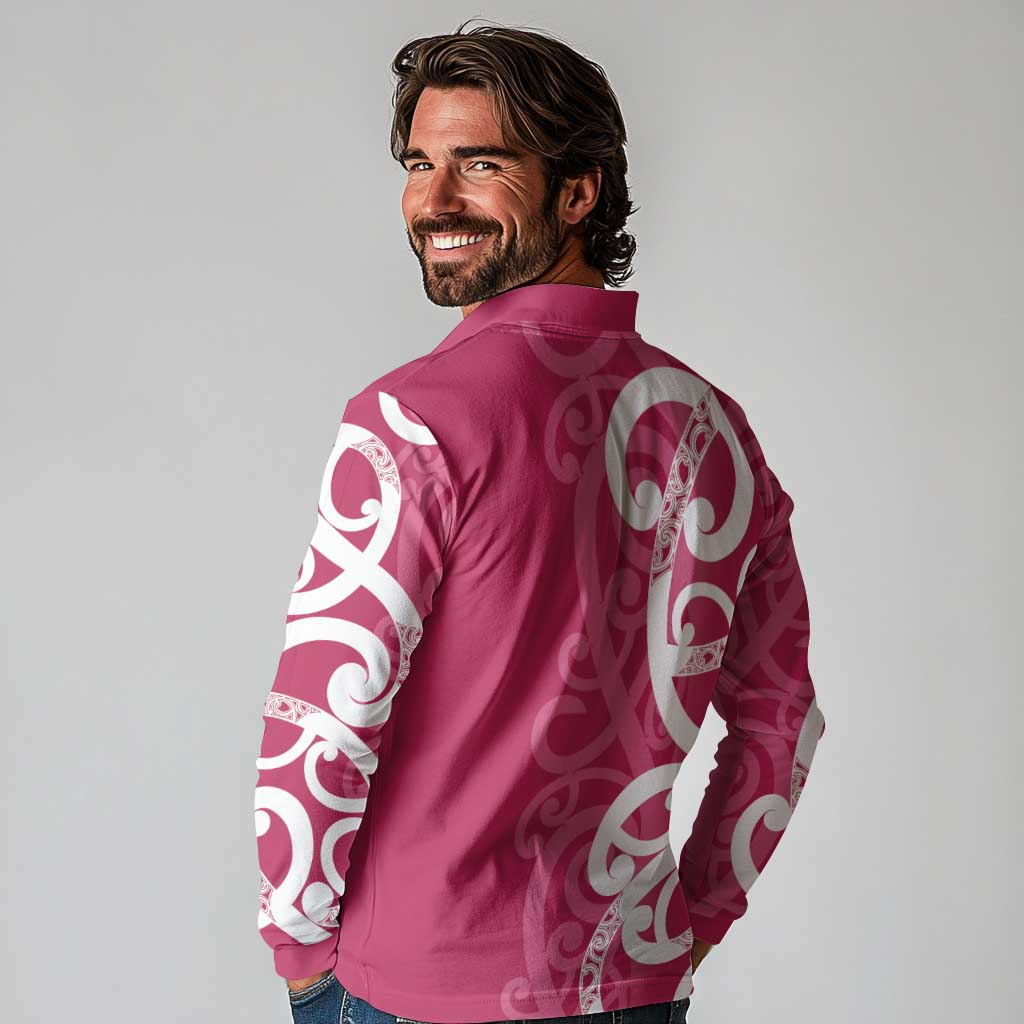 Breast Cancer Awareness Maori Long Sleeve Polo Shirt Koru Kowhaiwhai - Aussie Hoodie