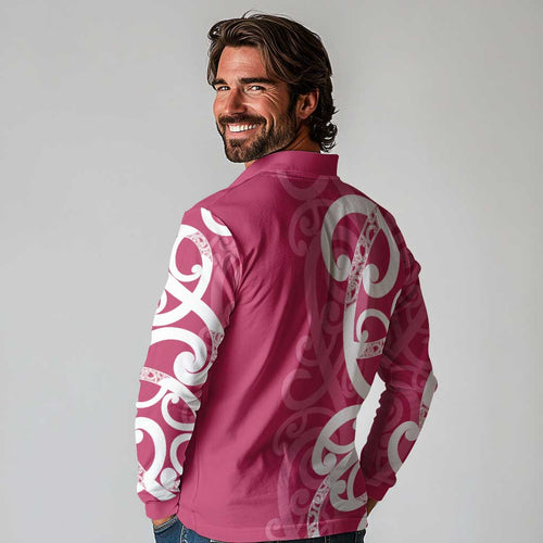 Breast Cancer Awareness Maori Long Sleeve Polo Shirt Koru Kowhaiwhai - Aussie Hoodie