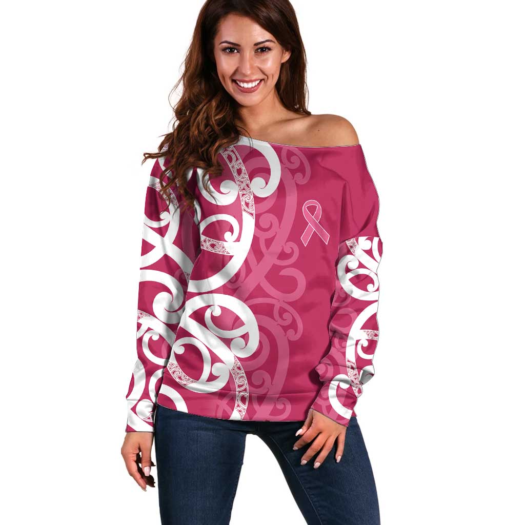 Breast Cancer Awareness Maori Off Shoulder Sweater Koru Kowhaiwhai - Aussie Hoodie