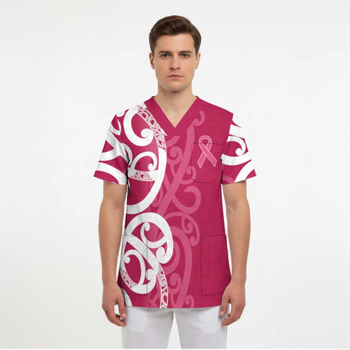 Breast Cancer Awareness Maori Scrub Top Koru Kowhaiwhai - Aussie Hoodie
