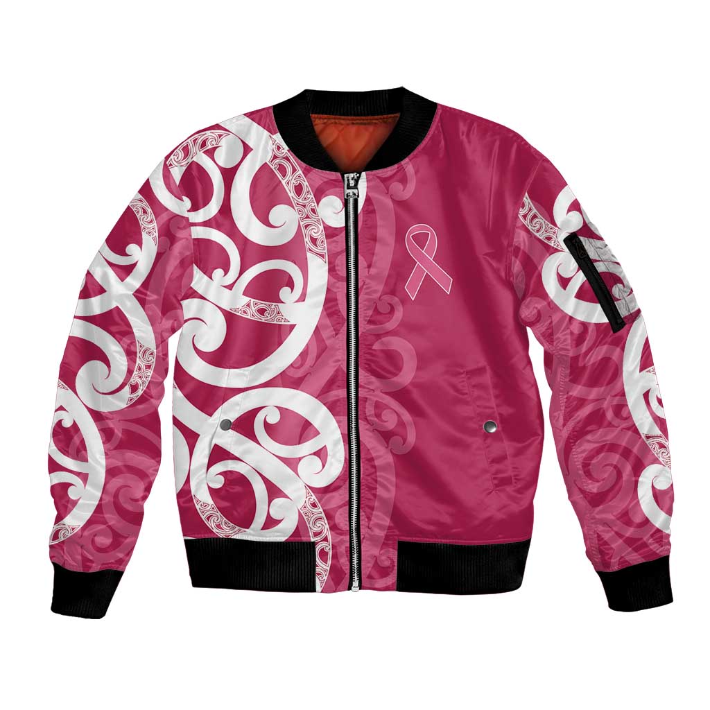 Breast Cancer Awareness Maori Sleeve Zip Bomber Jacket Koru Kowhaiwhai - Aussie Hoodie