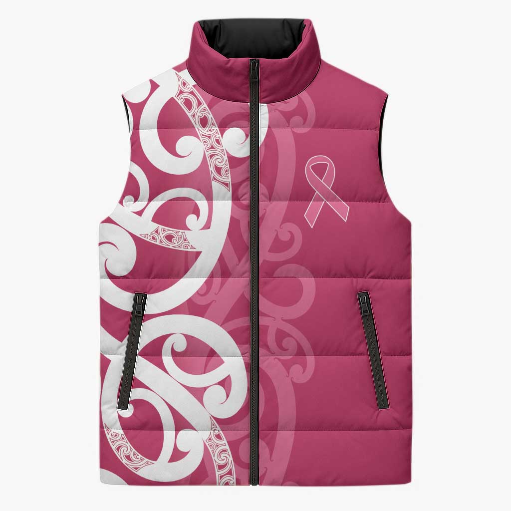 Breast Cancer Awareness Maori Sleeveless Puffer Jacket Koru Kowhaiwhai - Aussie Hoodie