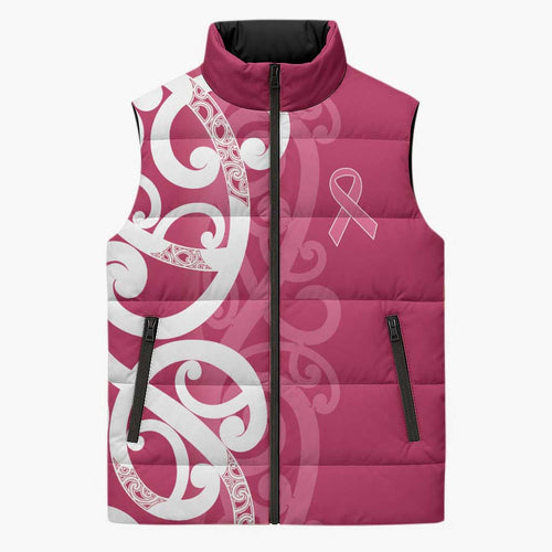Breast Cancer Awareness Maori Sleeveless Puffer Jacket Koru Kowhaiwhai - Aussie Hoodie