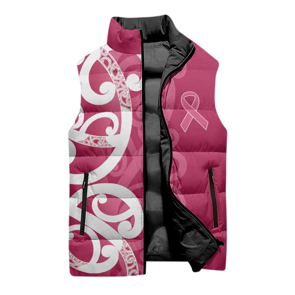 Breast Cancer Awareness Maori Sleeveless Puffer Jacket Koru Kowhaiwhai - Aussie Hoodie