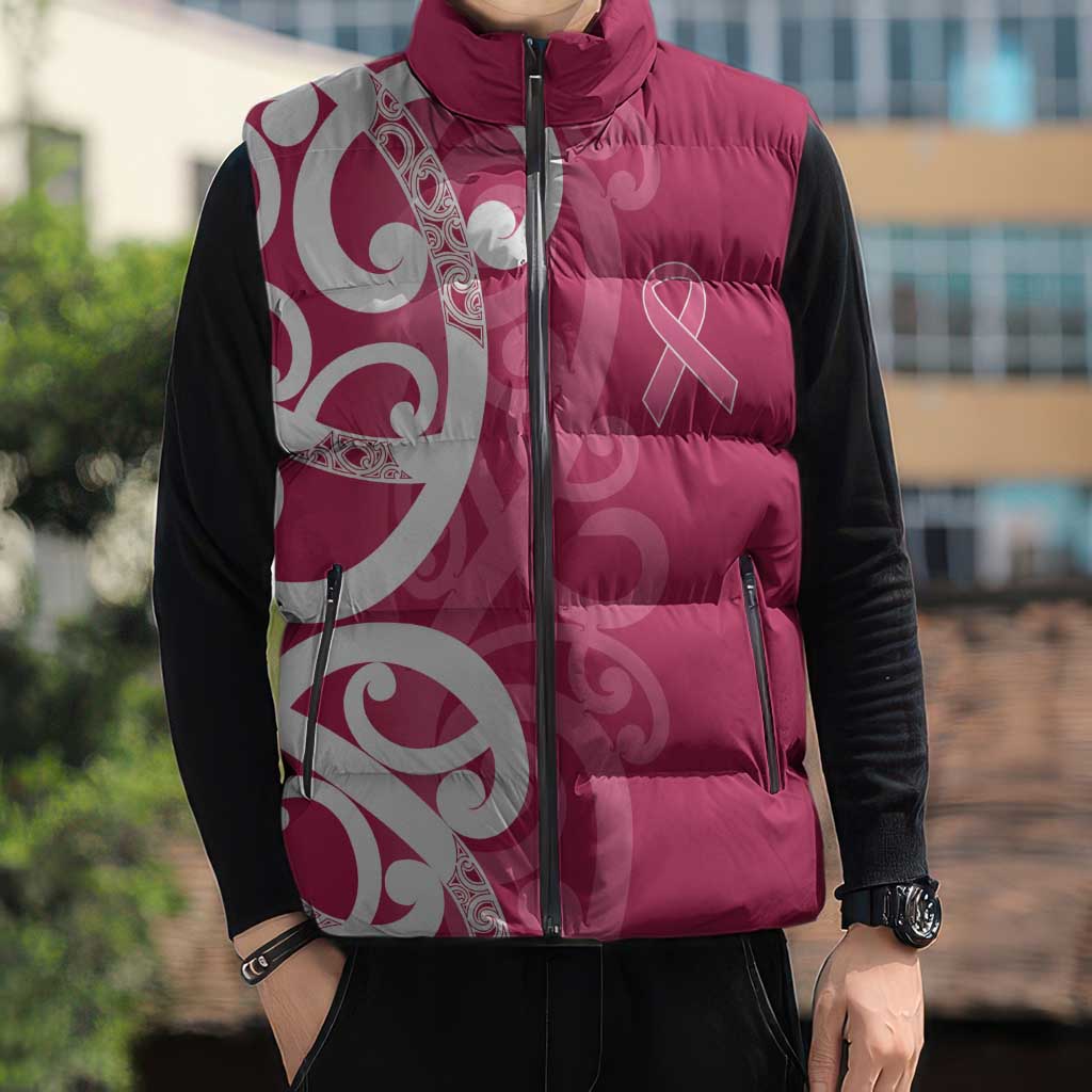 Breast Cancer Awareness Maori Sleeveless Puffer Jacket Koru Kowhaiwhai - Aussie Hoodie
