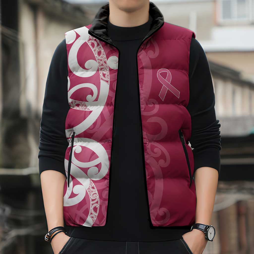 Breast Cancer Awareness Maori Sleeveless Puffer Jacket Koru Kowhaiwhai - Aussie Hoodie
