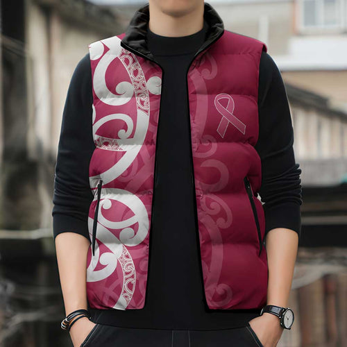 Breast Cancer Awareness Maori Sleeveless Puffer Jacket Koru Kowhaiwhai - Aussie Hoodie