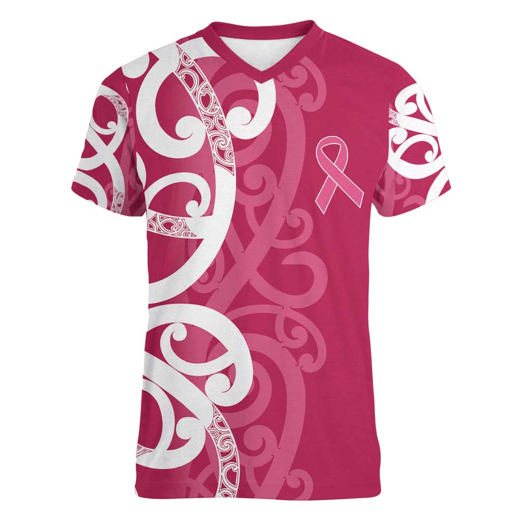 Breast Cancer Awareness Maori Women V-Neck T-Shirt Koru Kowhaiwhai - Aussie Hoodie