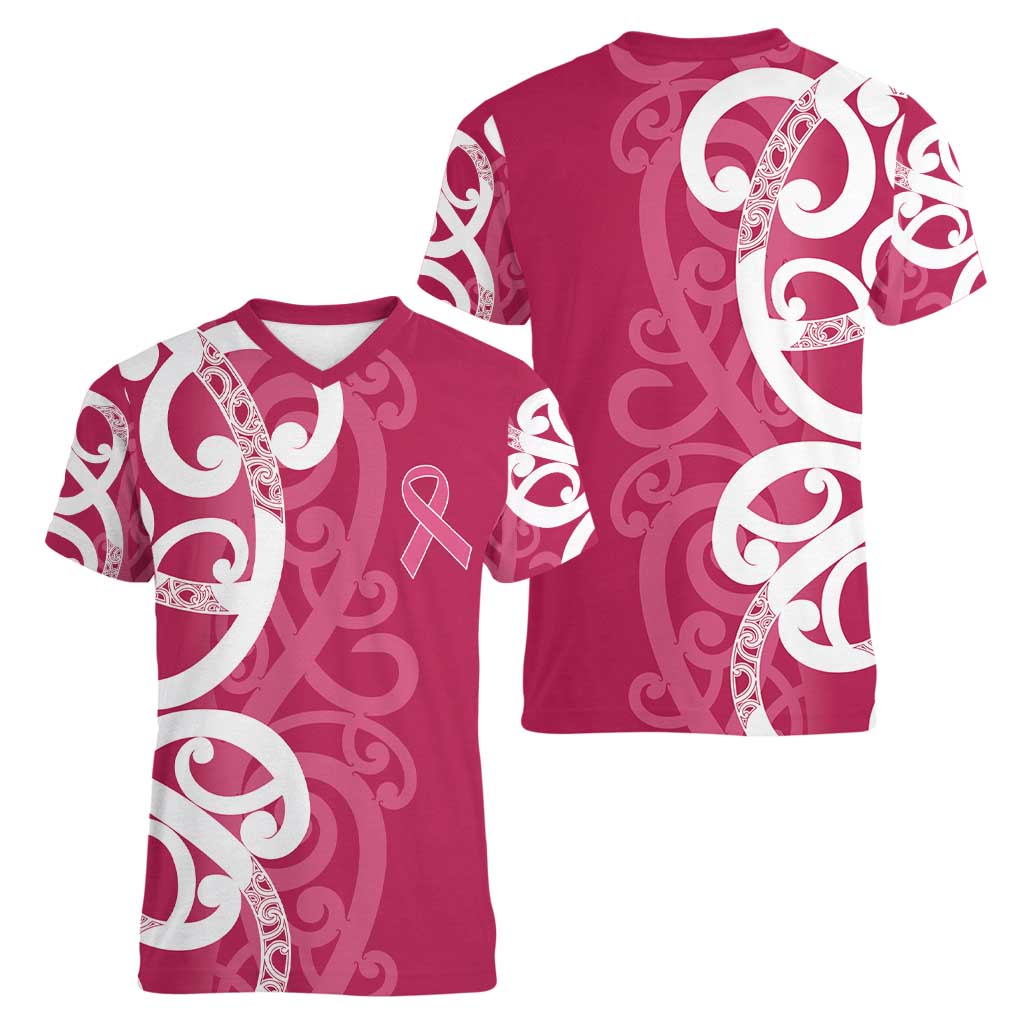 Breast Cancer Awareness Maori Women V-Neck T-Shirt Koru Kowhaiwhai - Aussie Hoodie