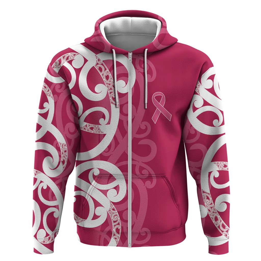 Breast Cancer Awareness Maori Zip Hoodie Koru Kowhaiwhai - Aussie Hoodie
