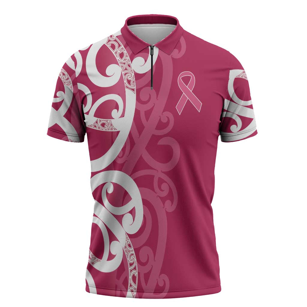 Breast Cancer Awareness Maori Zipper Polo Shirt Koru Kowhaiwhai - Aussie Hoodie