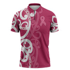 Breast Cancer Awareness Maori Zipper Polo Shirt Koru Kowhaiwhai - Aussie Hoodie