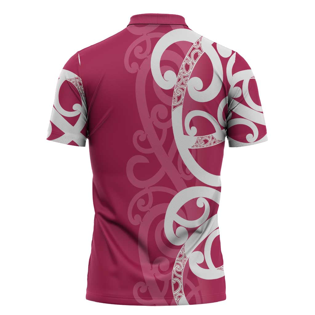 Breast Cancer Awareness Maori Zipper Polo Shirt Koru Kowhaiwhai - Aussie Hoodie