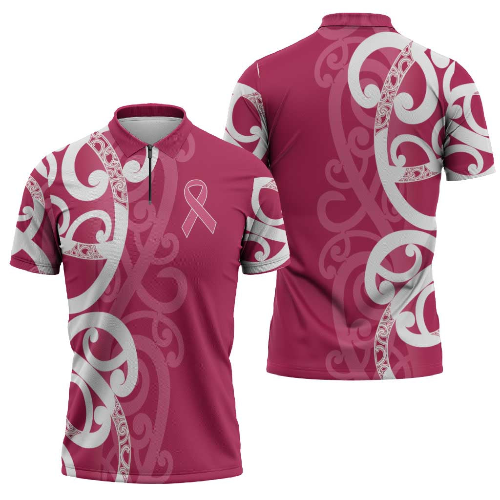 Breast Cancer Awareness Maori Zipper Polo Shirt Koru Kowhaiwhai - Aussie Hoodie