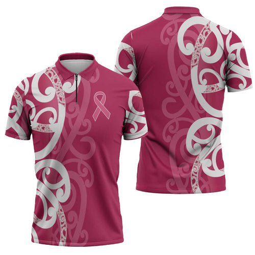 Breast Cancer Awareness Maori Zipper Polo Shirt Koru Kowhaiwhai - Aussie Hoodie