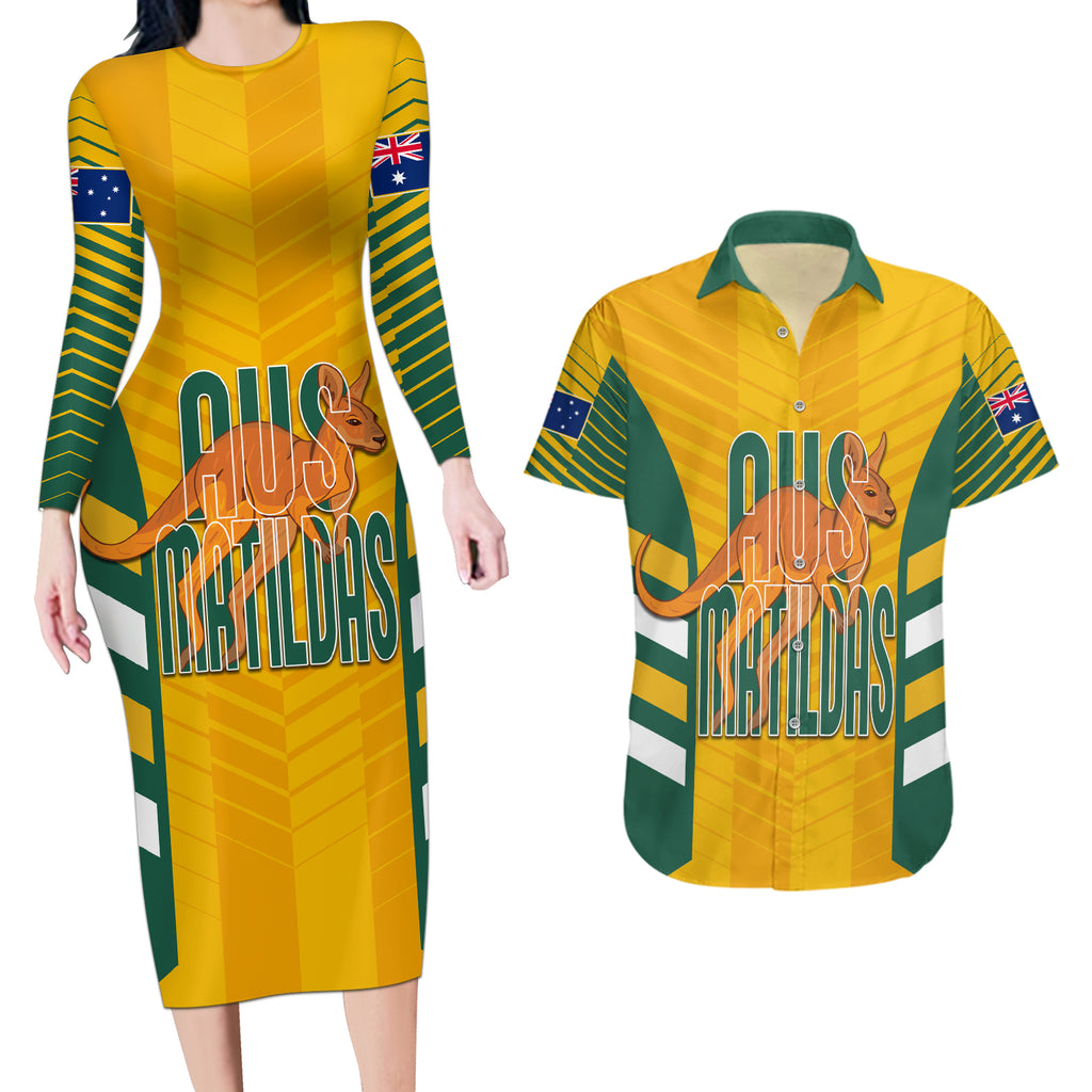 custom-australia-soccer-couples-matching-long-sleeve-bodycon-dress-and-hawaiian-shirt-go-matildas-dynamic-national-colors