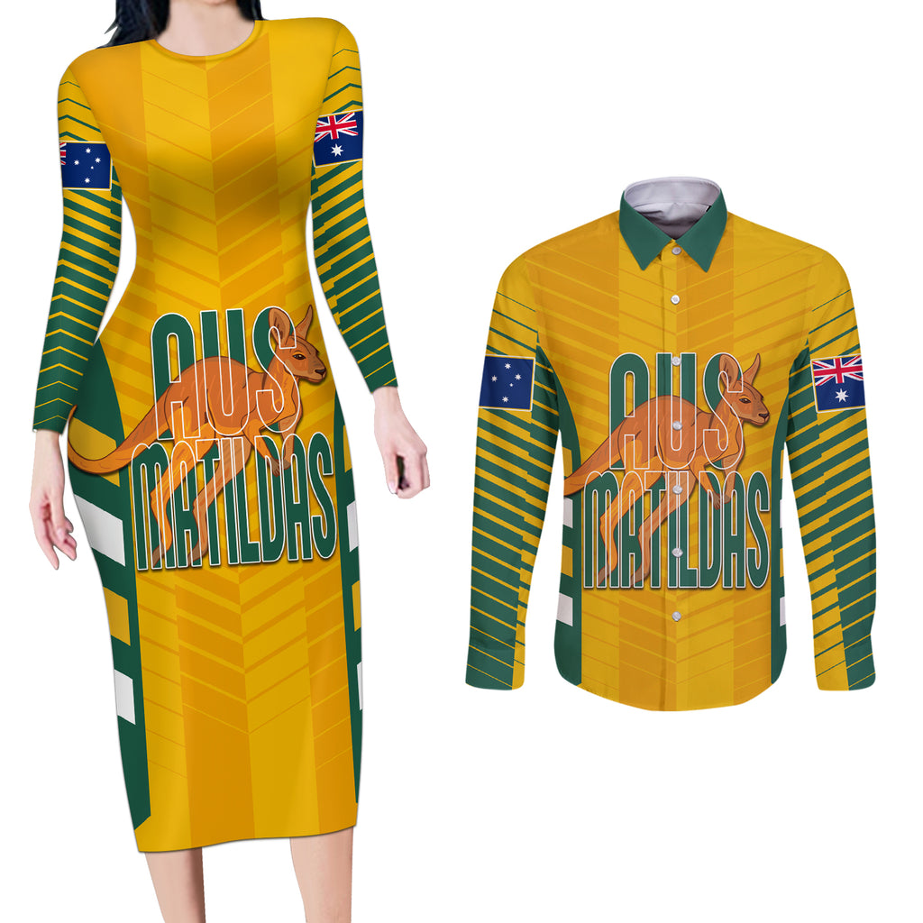 custom-australia-soccer-couples-matching-long-sleeve-bodycon-dress-and-long-sleeve-button-shirt-go-matildas-dynamic-national-colors