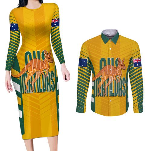 custom-australia-soccer-couples-matching-long-sleeve-bodycon-dress-and-long-sleeve-button-shirt-go-matildas-dynamic-national-colors