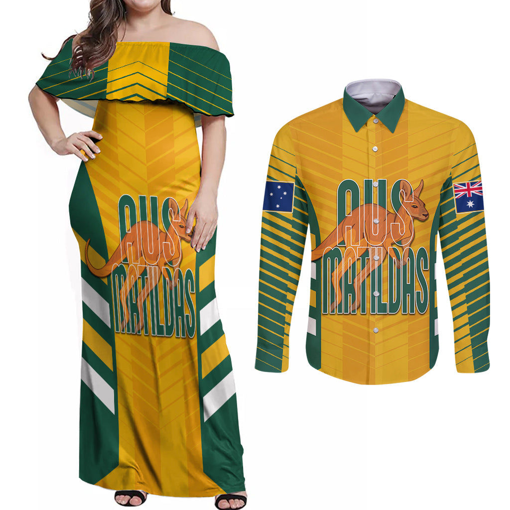 custom-australia-soccer-couples-matching-off-shoulder-maxi-dress-and-long-sleeve-button-shirt-go-matildas-dynamic-national-colors