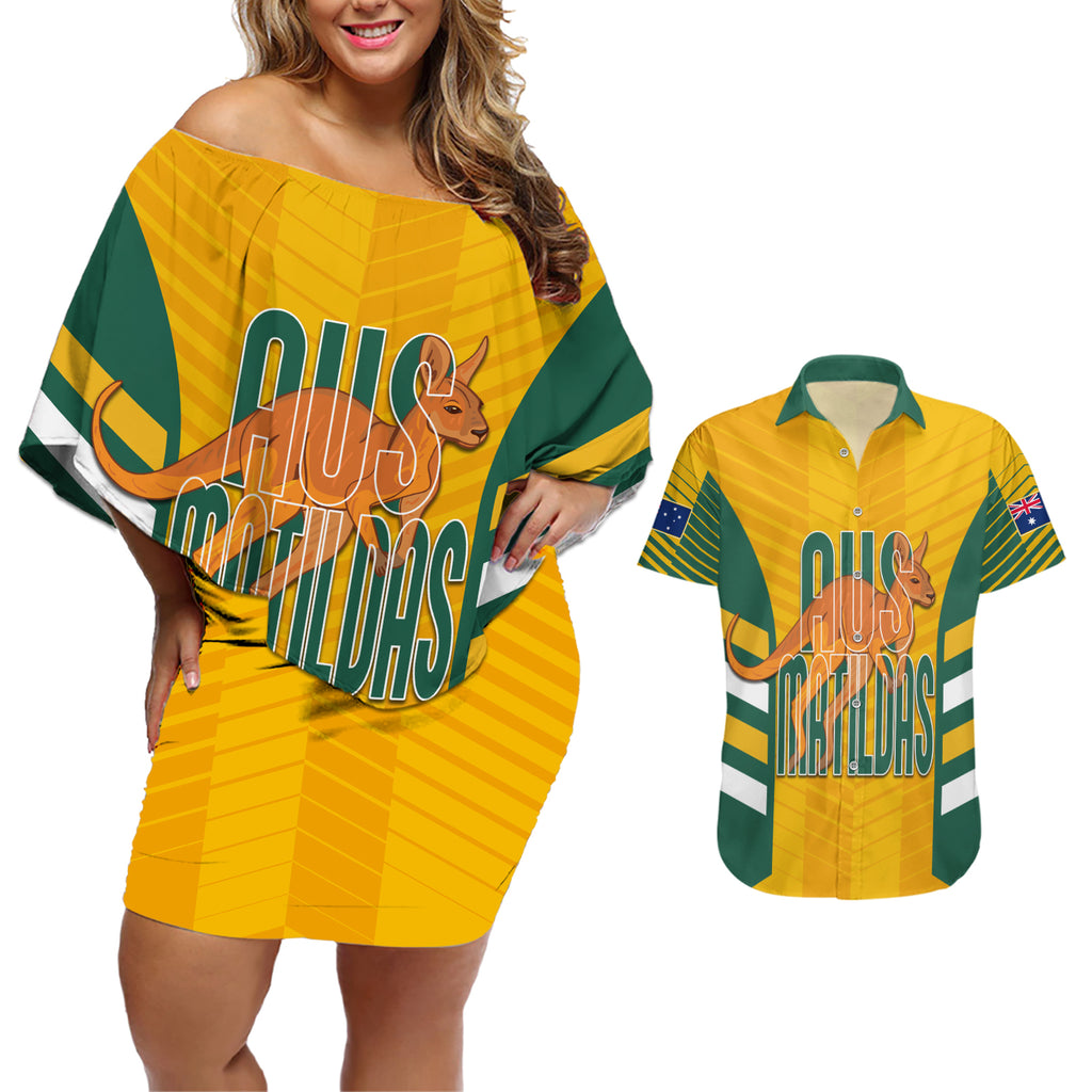 custom-australia-soccer-couples-matching-off-shoulder-short-dress-and-hawaiian-shirt-go-matildas-dynamic-national-colors