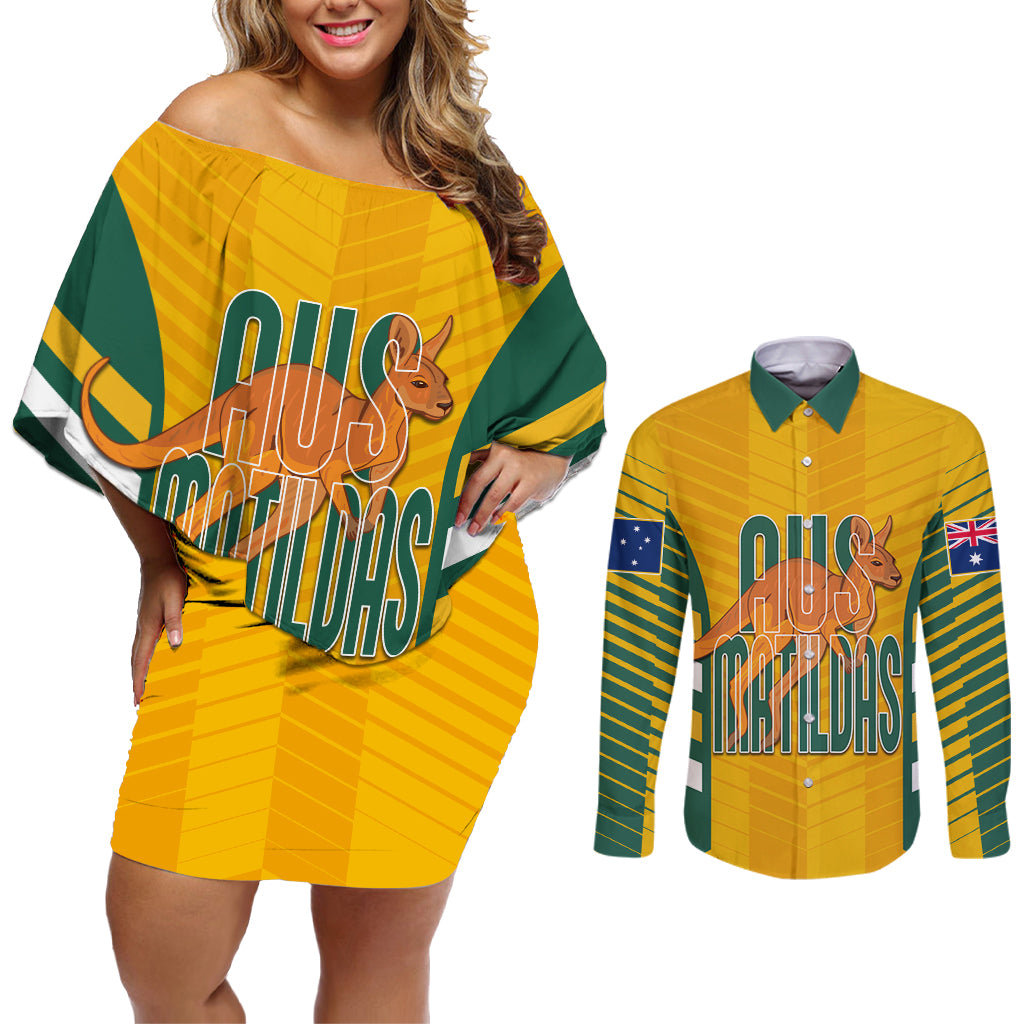 custom-australia-soccer-couples-matching-off-shoulder-short-dress-and-long-sleeve-button-shirt-go-matildas-dynamic-national-colors