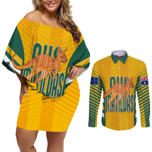 custom-australia-soccer-couples-matching-off-shoulder-short-dress-and-long-sleeve-button-shirt-go-matildas-dynamic-national-colors