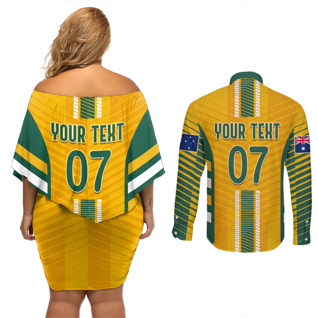 custom-australia-soccer-couples-matching-off-shoulder-short-dress-and-long-sleeve-button-shirt-go-matildas-dynamic-national-colors