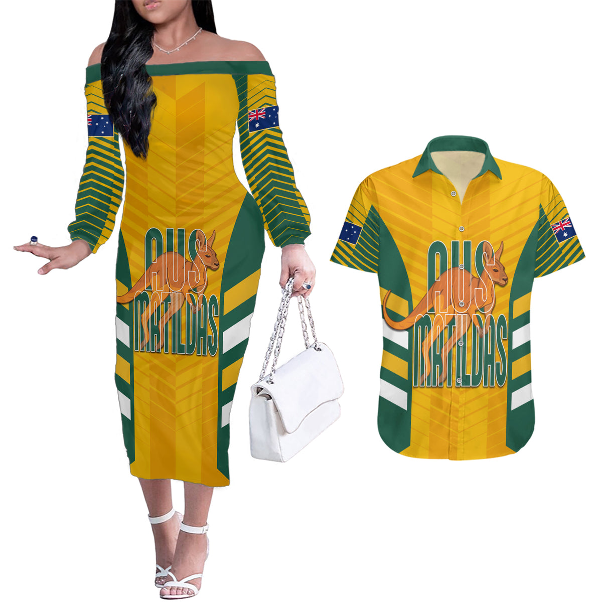 custom-australia-soccer-couples-matching-off-the-shoulder-long-sleeve-dress-and-hawaiian-shirt-go-matildas-dynamic-national-colors