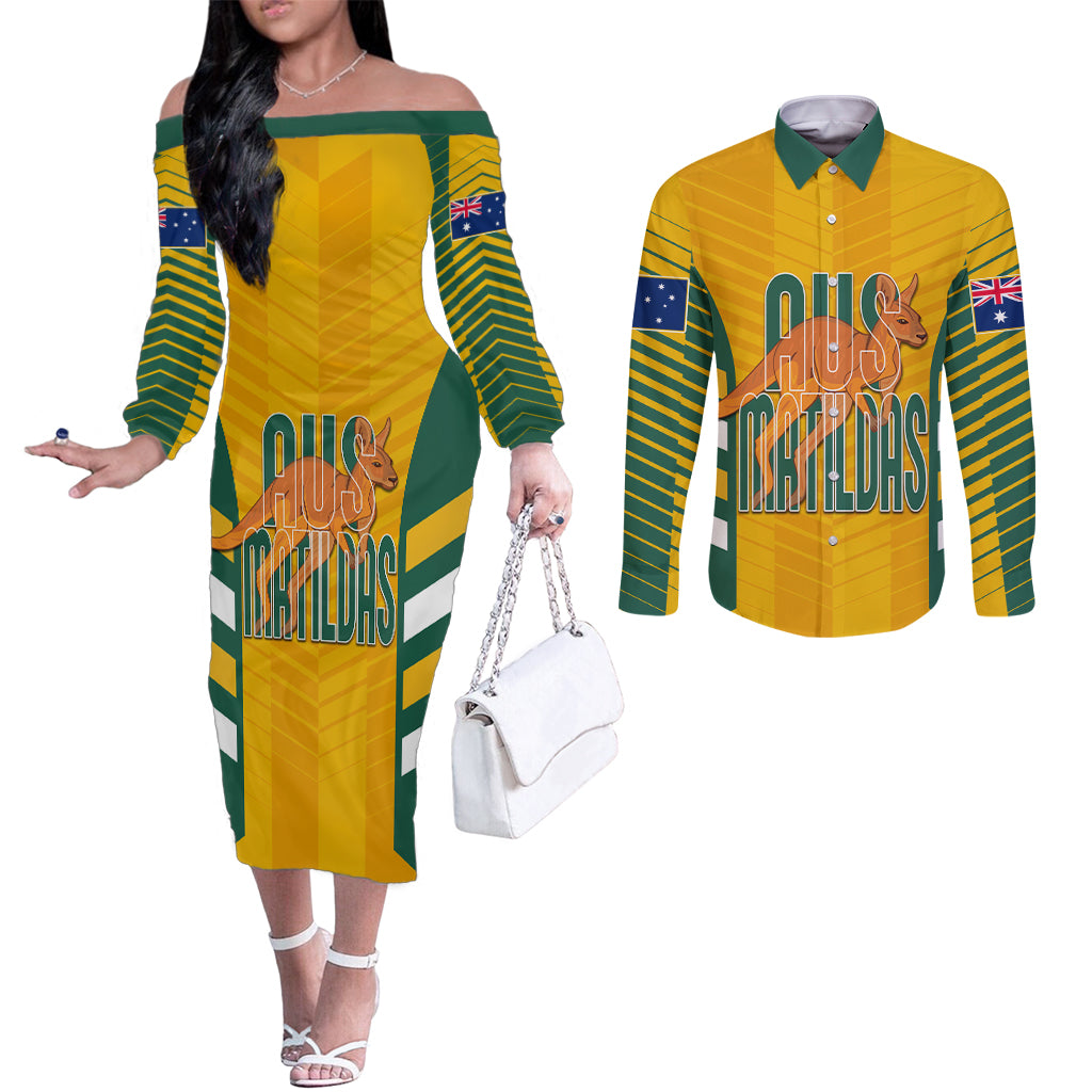custom-australia-soccer-couples-matching-off-the-shoulder-long-sleeve-dress-and-long-sleeve-button-shirt-go-matildas-dynamic-national-colors