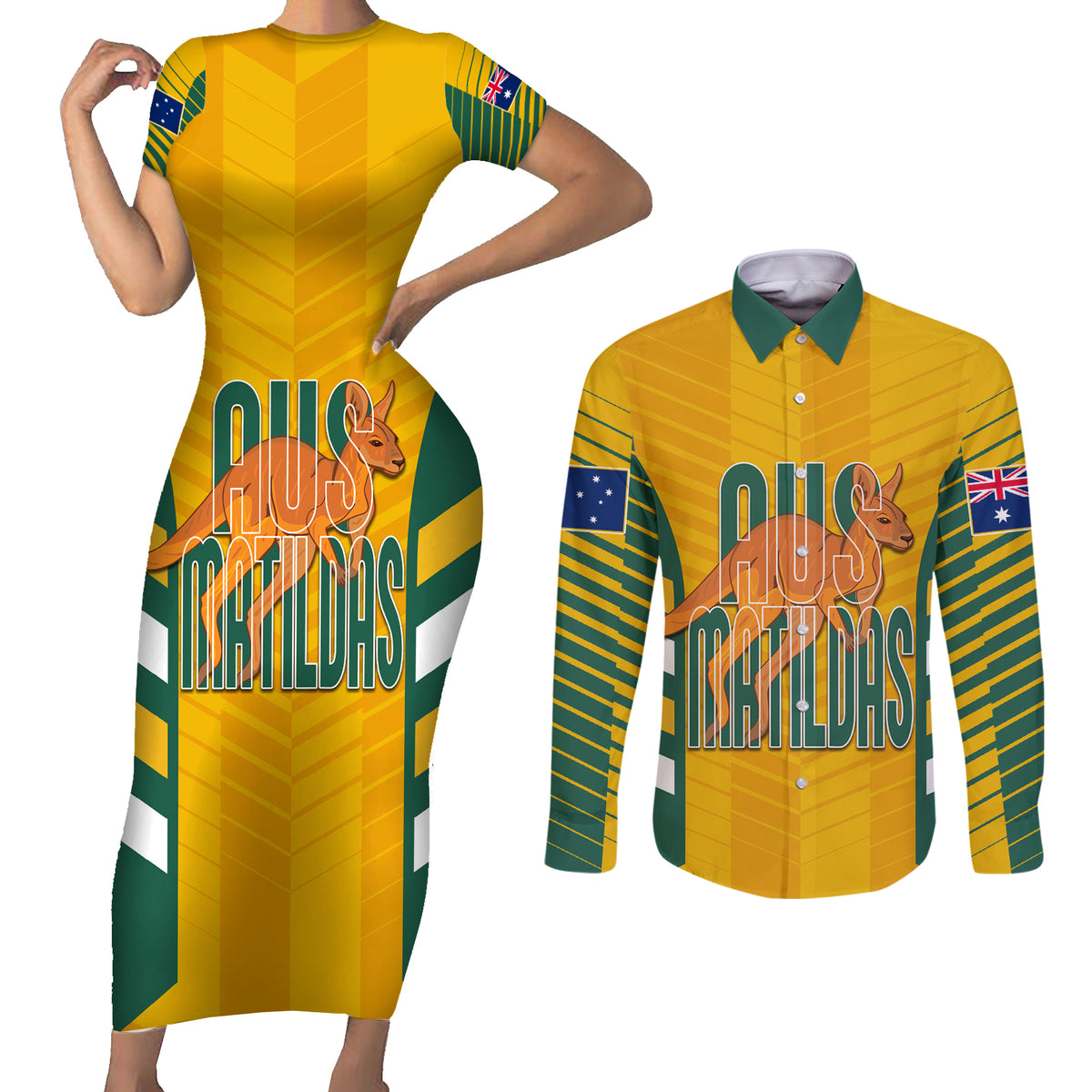 custom-australia-soccer-couples-matching-short-sleeve-bodycon-dress-and-long-sleeve-button-shirt-go-matildas-dynamic-national-colors