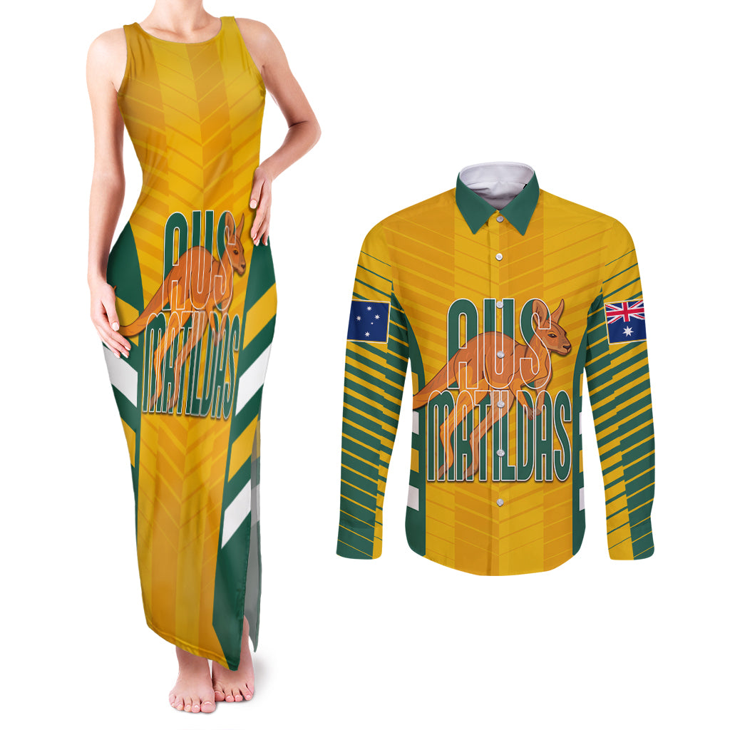 custom-australia-soccer-couples-matching-tank-maxi-dress-and-long-sleeve-button-shirt-go-matildas-dynamic-national-colors
