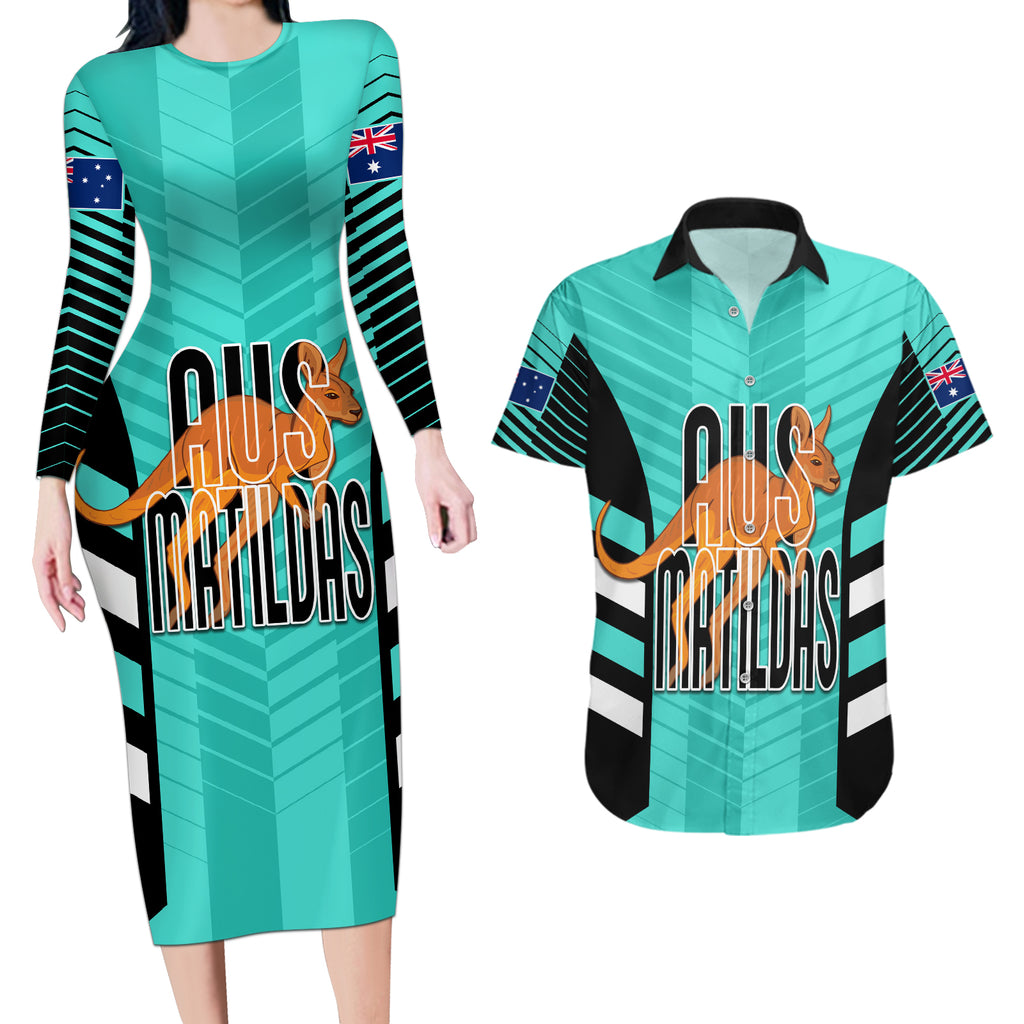 custom-australia-soccer-couples-matching-long-sleeve-bodycon-dress-and-hawaiian-shirt-go-matildas-dynamic-turquoise