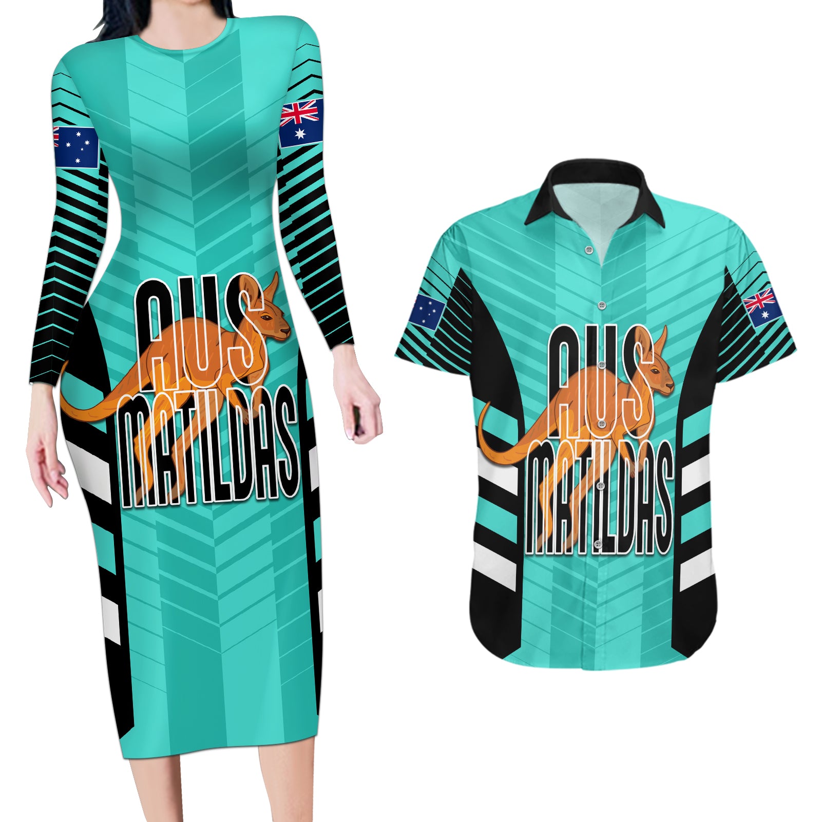 custom-australia-soccer-couples-matching-long-sleeve-bodycon-dress-and-hawaiian-shirt-go-matildas-dynamic-turquoise