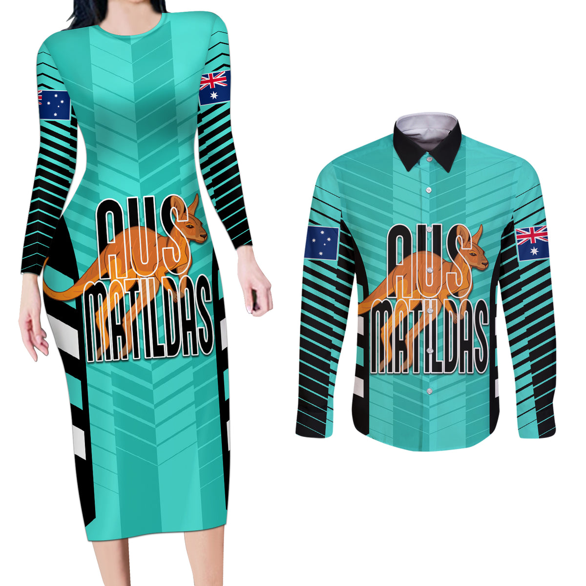 custom-australia-soccer-couples-matching-long-sleeve-bodycon-dress-and-long-sleeve-button-shirt-go-matildas-dynamic-turquoise