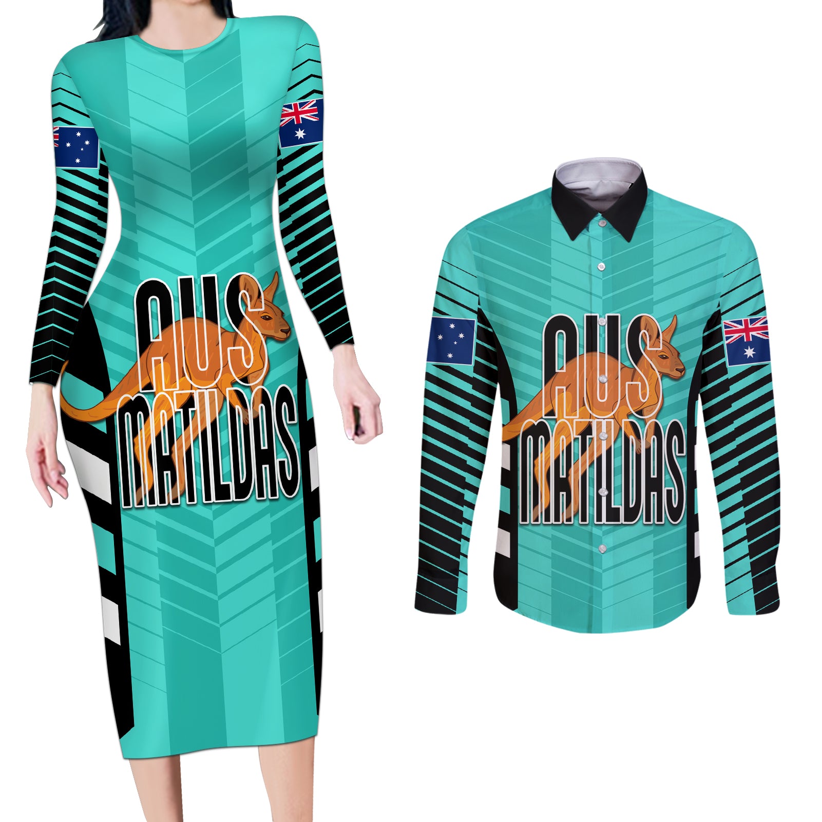 custom-australia-soccer-couples-matching-long-sleeve-bodycon-dress-and-long-sleeve-button-shirt-go-matildas-dynamic-turquoise