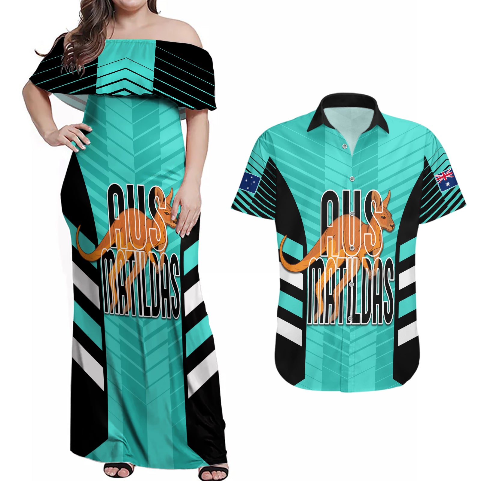 custom-australia-soccer-couples-matching-off-shoulder-maxi-dress-and-hawaiian-shirt-go-matildas-dynamic-turquoise
