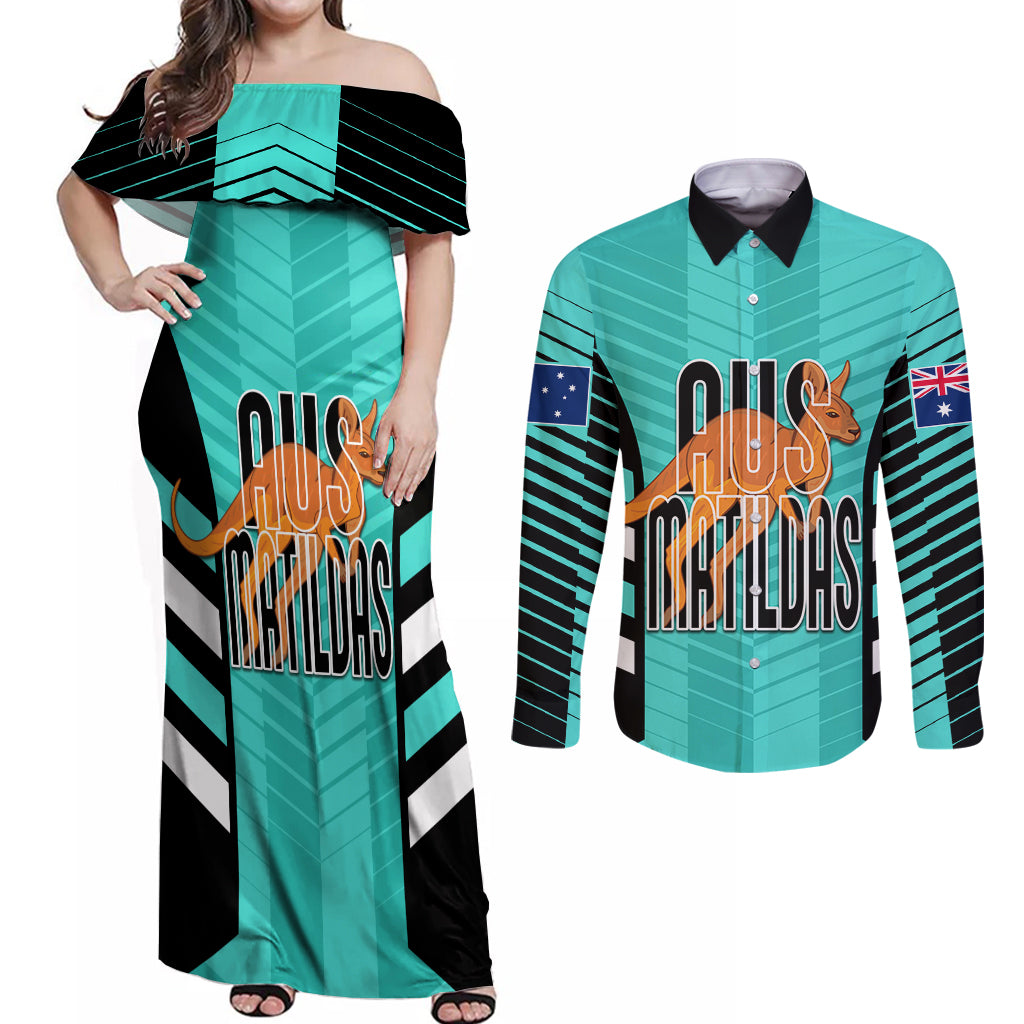 custom-australia-soccer-couples-matching-off-shoulder-maxi-dress-and-long-sleeve-button-shirt-go-matildas-dynamic-turquoise