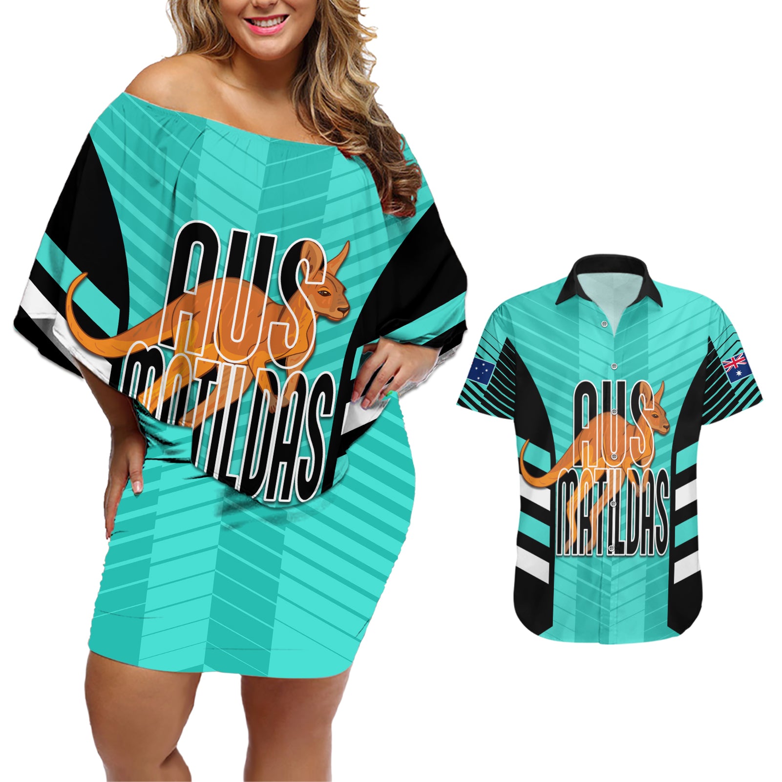 custom-australia-soccer-couples-matching-off-shoulder-short-dress-and-hawaiian-shirt-go-matildas-dynamic-turquoise