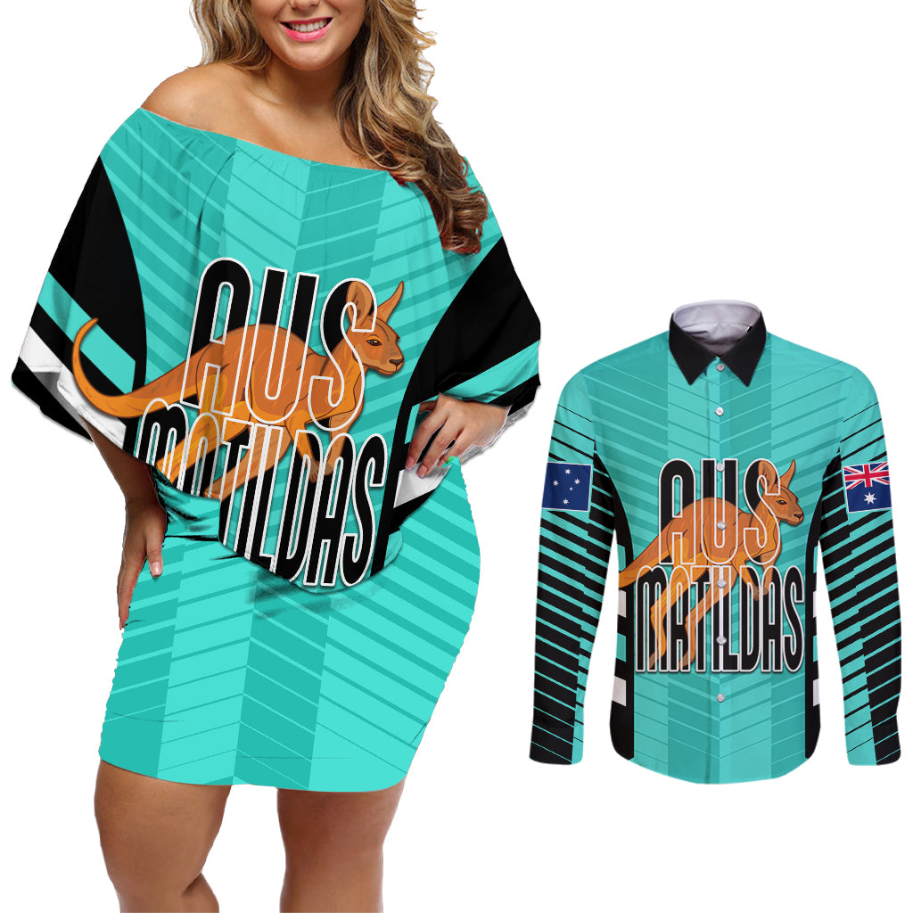 custom-australia-soccer-couples-matching-off-shoulder-short-dress-and-long-sleeve-button-shirt-go-matildas-dynamic-turquoise
