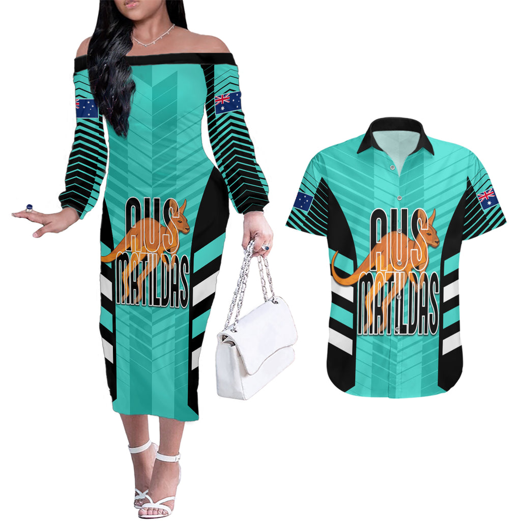 custom-australia-soccer-couples-matching-off-the-shoulder-long-sleeve-dress-and-hawaiian-shirt-go-matildas-dynamic-turquoise