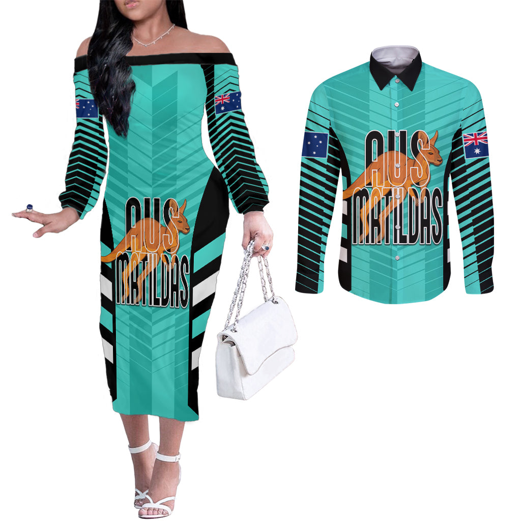 custom-australia-soccer-couples-matching-off-the-shoulder-long-sleeve-dress-and-long-sleeve-button-shirt-go-matildas-dynamic-turquoise