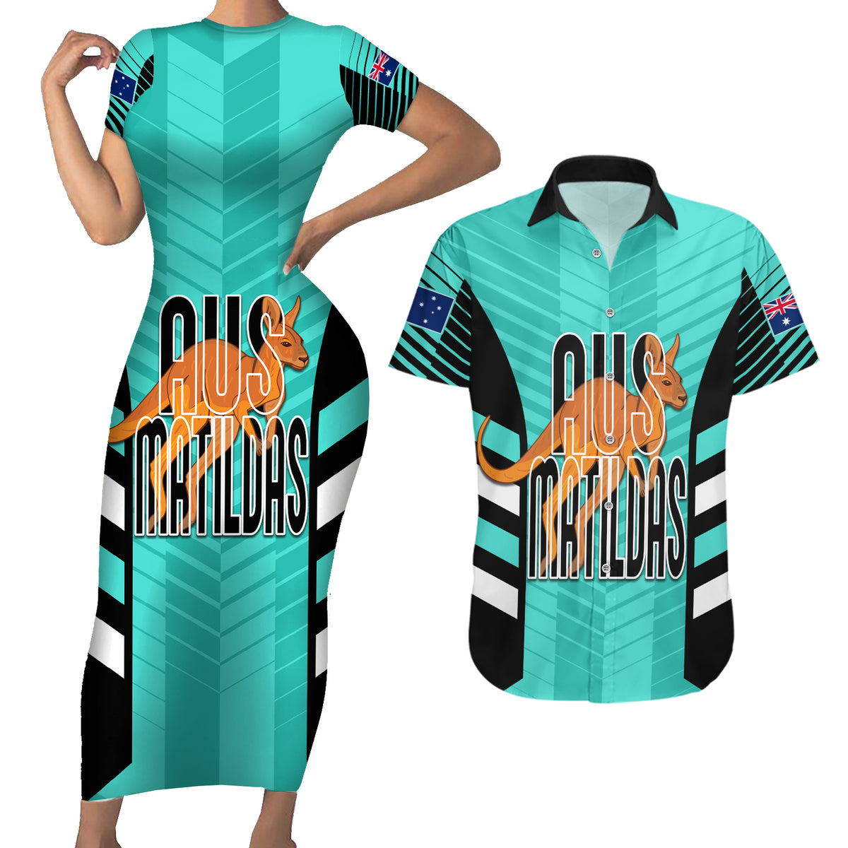 custom-australia-soccer-couples-matching-short-sleeve-bodycon-dress-and-hawaiian-shirt-go-matildas-dynamic-turquoise