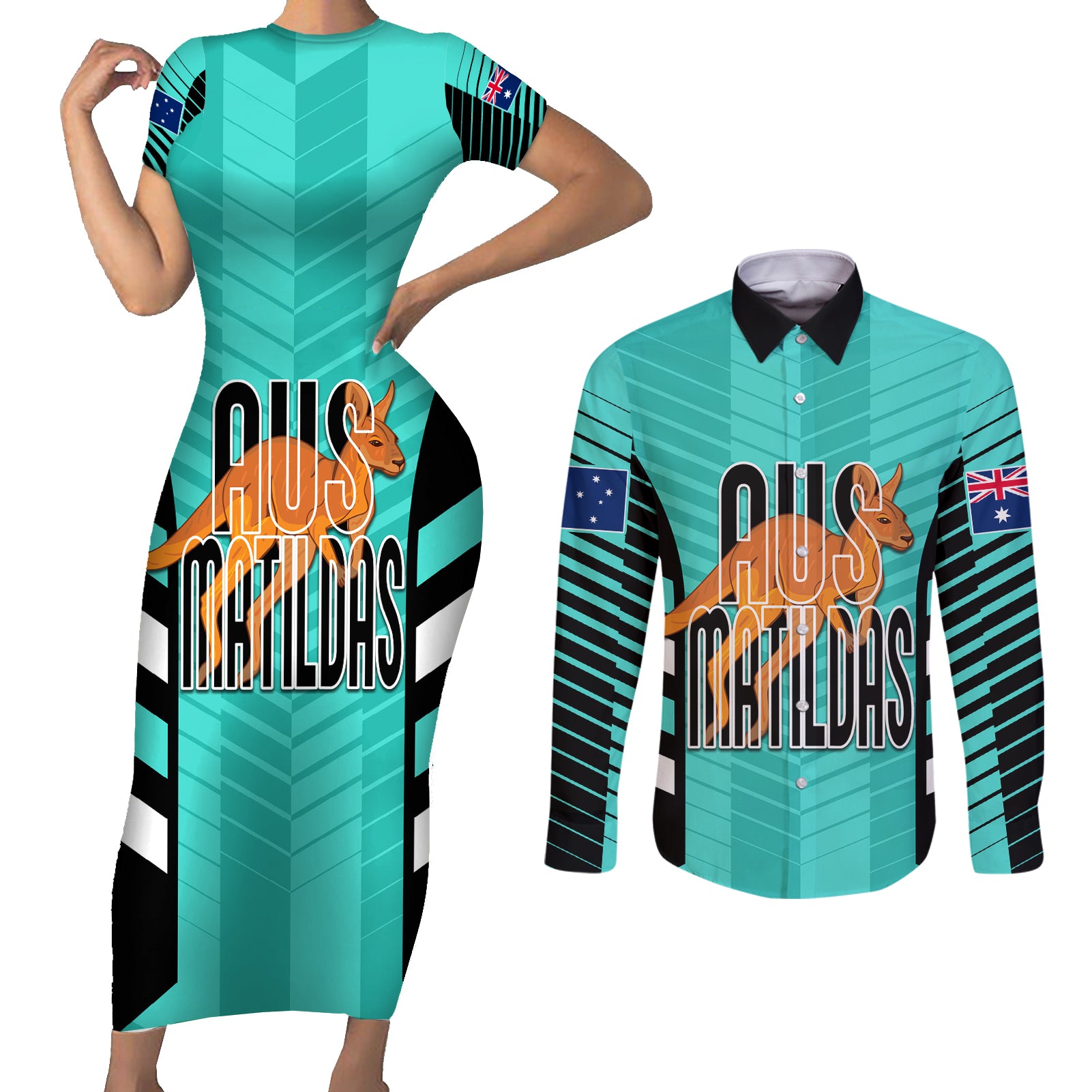 custom-australia-soccer-couples-matching-short-sleeve-bodycon-dress-and-long-sleeve-button-shirt-go-matildas-dynamic-turquoise