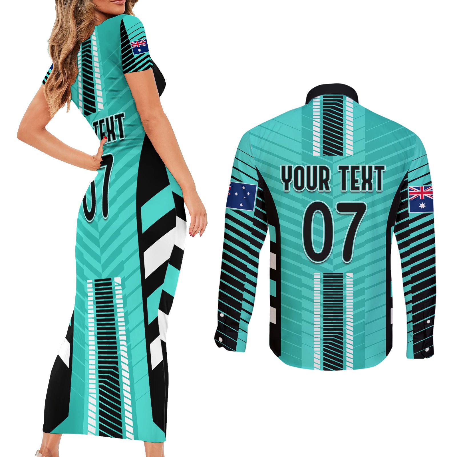 custom-australia-soccer-couples-matching-short-sleeve-bodycon-dress-and-long-sleeve-button-shirt-go-matildas-dynamic-turquoise
