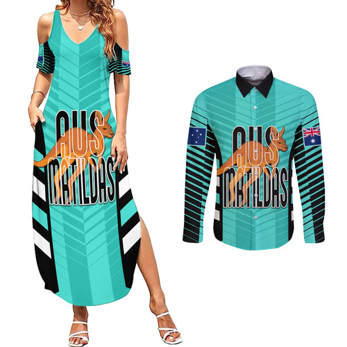 custom-australia-soccer-couples-matching-summer-maxi-dress-and-long-sleeve-button-shirt-go-matildas-dynamic-turquoise