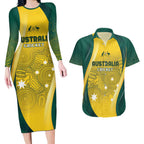 Australia Cricket Custom Indigenous Couples Matching Long Sleeve Bodycon Dress and Hawaiian Shirt Aboriginal Arts GO Aussie